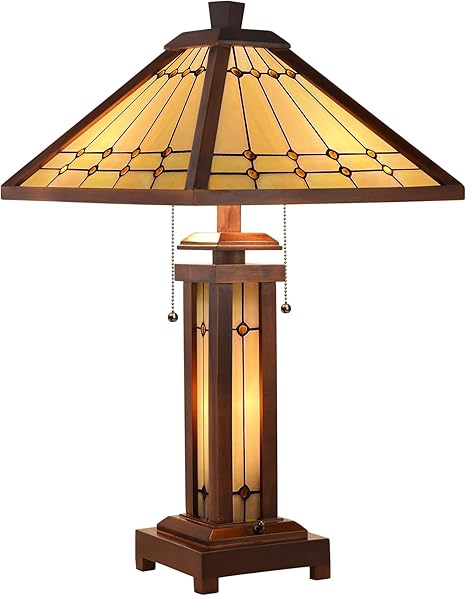 Capulina Capulina Tiffany Lamp Stained Glass Table Lamp 3-Light 15X15X26 Inches Wooden Base Mission Cream Crytal Tiffany Style Desk Lamp with Night Light Decor for Living Room Bedroom Home Office