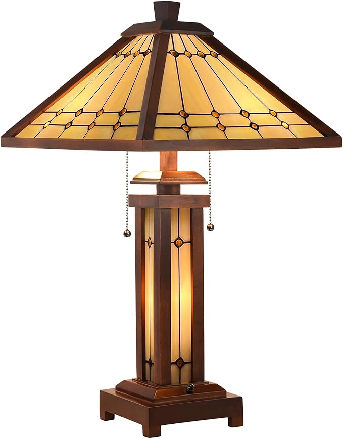 Capulina Tiffany Lamp Stained Glass Table Lamp 3-Light 15X15X26 Inches Wooden Base Mission Cream Crytal Tiffany Style Desk Lamp with Night Light Decor for Living Room Bedroom Home Office