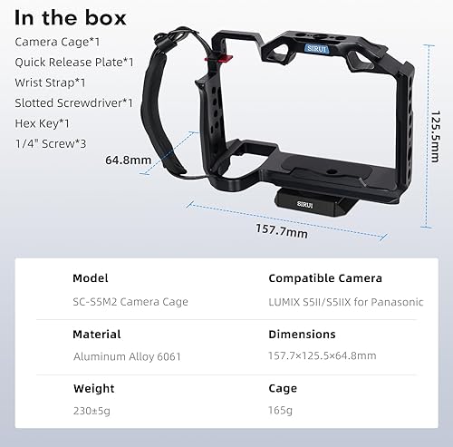 Miniatura 9 de SIRUI Jaula para cámara S5II S5IIX G9 II con correa para muñeca, jaula completa para Panasonic LUMIX S5II S5IIX G9 con placa incorporada para Arca,