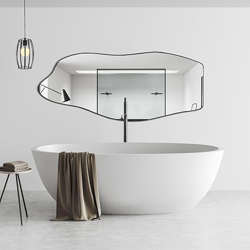 Miniatura 4 de POZINO Espejo irregular de forma única, espejo asimétrico grande, espejo de nube con marco negro para baño, sala de estar, dormitorio, decoración de