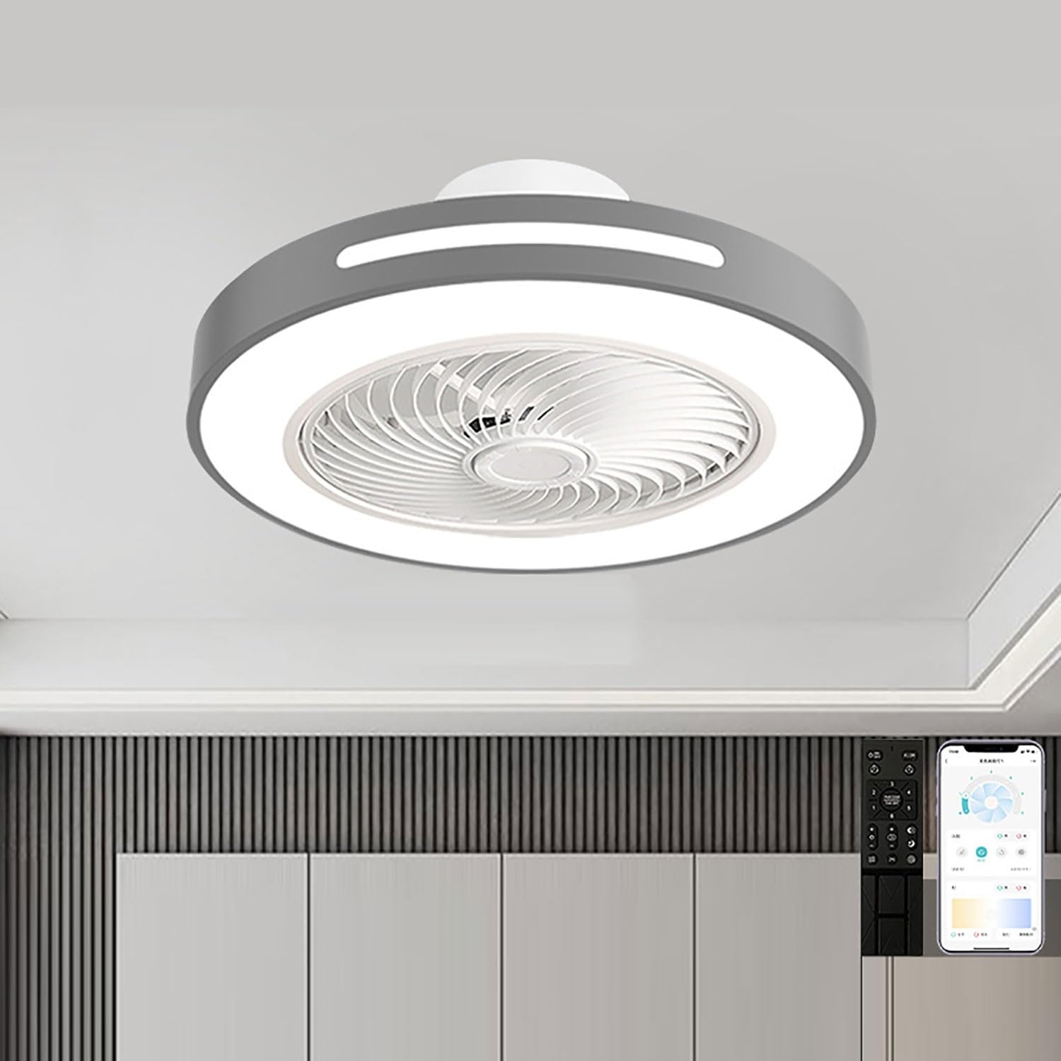 HXYSXHJUO 18IN/20IN Low Profile Ceiling Fans with Lights and Remote Modern Quiet Multiple Colors Available for Bedroom, Kitchen, Living Room(Gray,50cm/20in)