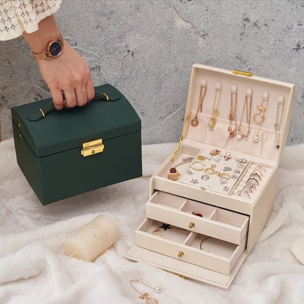 Caja De Joyería Joyero, Senior PU Organizador de joyería de cuero 3 Almacenamiento de joyas de 3 capas con cerradura, caja de joyería de viaje portátil for pendientes anillos Organizador De Joyas(B)