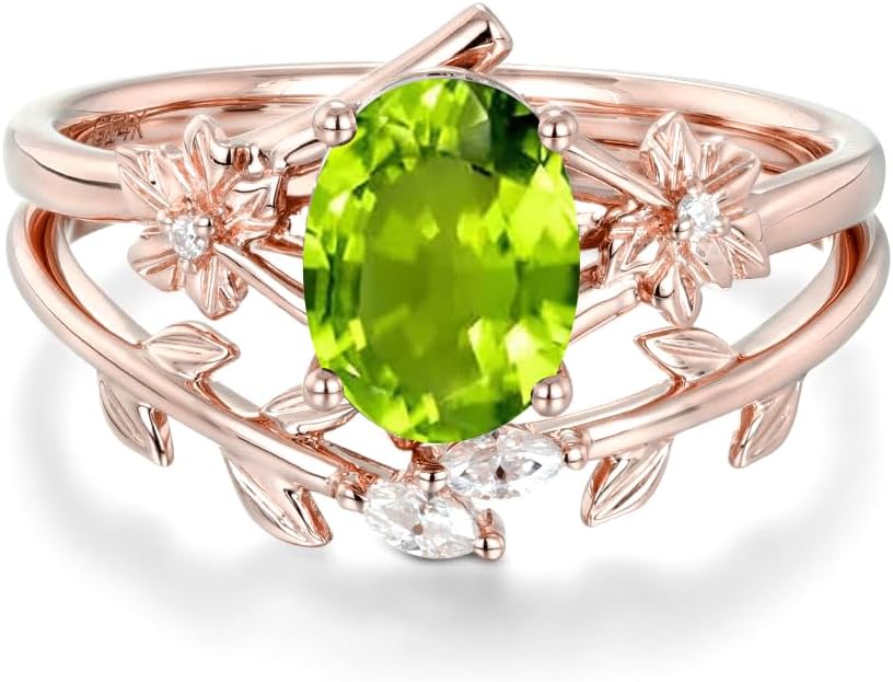 10K 14K 18K Solid Gold Oval Gemstone Engagement Ring Set for Women Leaf Art Deco Rings Set Oval Vintage Vine Gemstone Bridal Wedding Promise Ring Set Size4-15