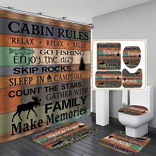 Jayden Madge 4PCS Farmhouse Shower Curtain Set, Country Colorful Wooden Board Pine Tree Deer Elk Moose Trout Fishing Wildlife Animal Hunting Lodge Rustic Bathroom Decor, Non-slip Bath Mat, CABIN RULES