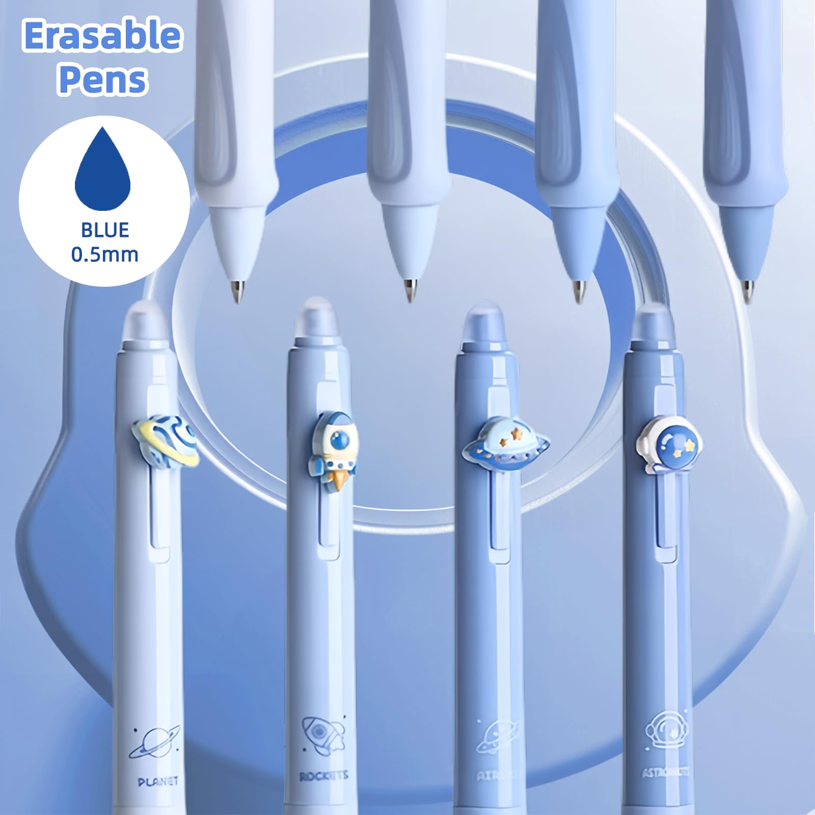 KCatsy Eraser Ballpoint Pen Set - 4 Pens, Blue Ink, 0.5mm, Space Rocket & Planet Design, Erasable, Ambidextrous - Image 2