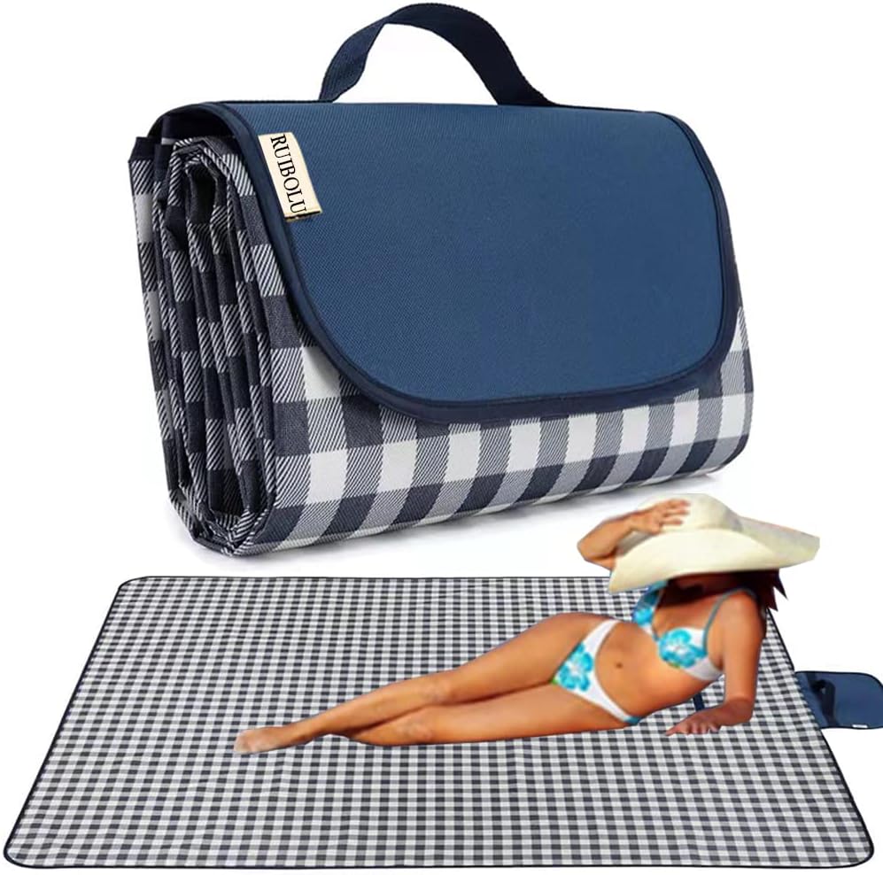 RUIBOLU 80x60in Sandproof Waterproof Beach Picnic Blanket for 2-4 Adults - Quick Dry Outdoor Mat Dark Blue Plaids