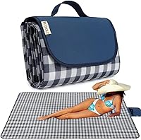 RUIBOLU 80x60in Sandproof Waterproof Beach Picnic Blanket for 2-4 Adults - Quick Dry Outdoor Mat Dark Blue Plaids