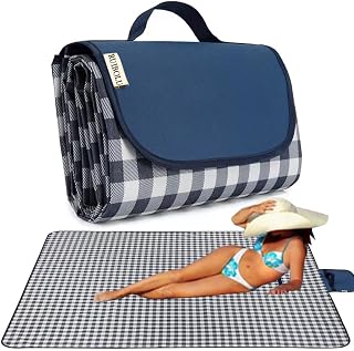RUIBOLU 80x60in Sandproof Waterproof Beach Picnic Blanket for 2-4 Adults - Quick Dry Outdoor Mat Dark Blue Plaids