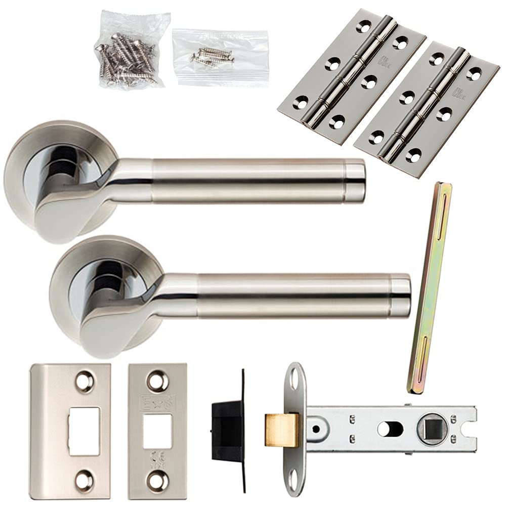 Door Handle & Latch Pack - Polished & Satin Steel - Cranked Bar Screwless Rose | Complete Matching Set for 1x Interior Door - Handle, Hinges & Tubular Latch Strike Plate | Screws & Fixings Included