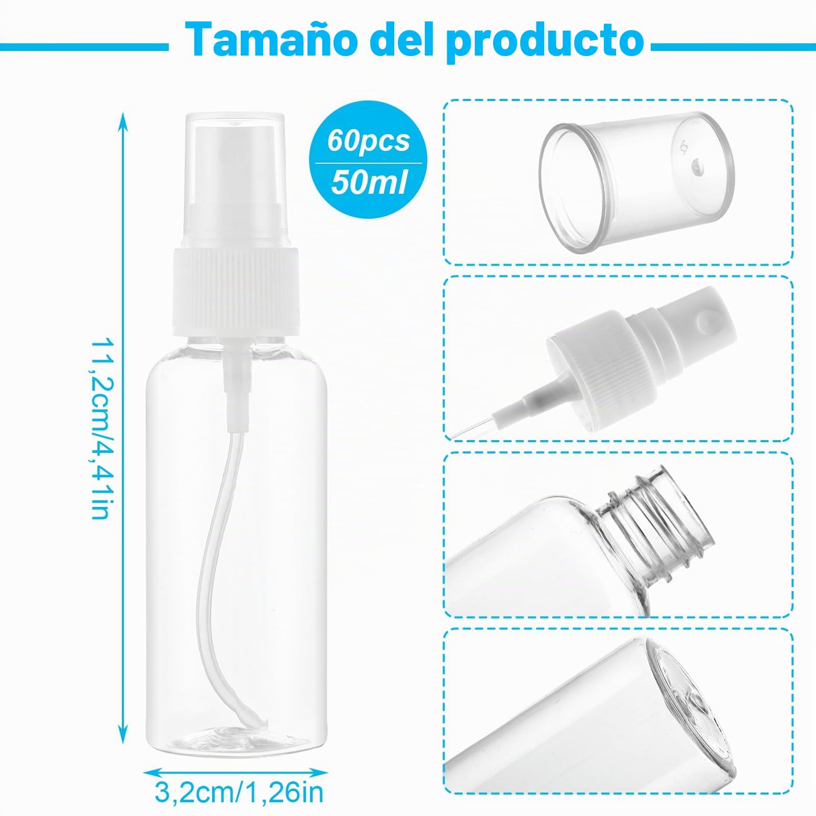 MIVIDE 50ml Bote Spray Pulverizador, Botellas de Spray Vacio, 60 Piezas | Spray Fina, Transparente, PortáTil Botella Rellenable para Viajes, para Aceites Esenciales, Limpieza, Perfume