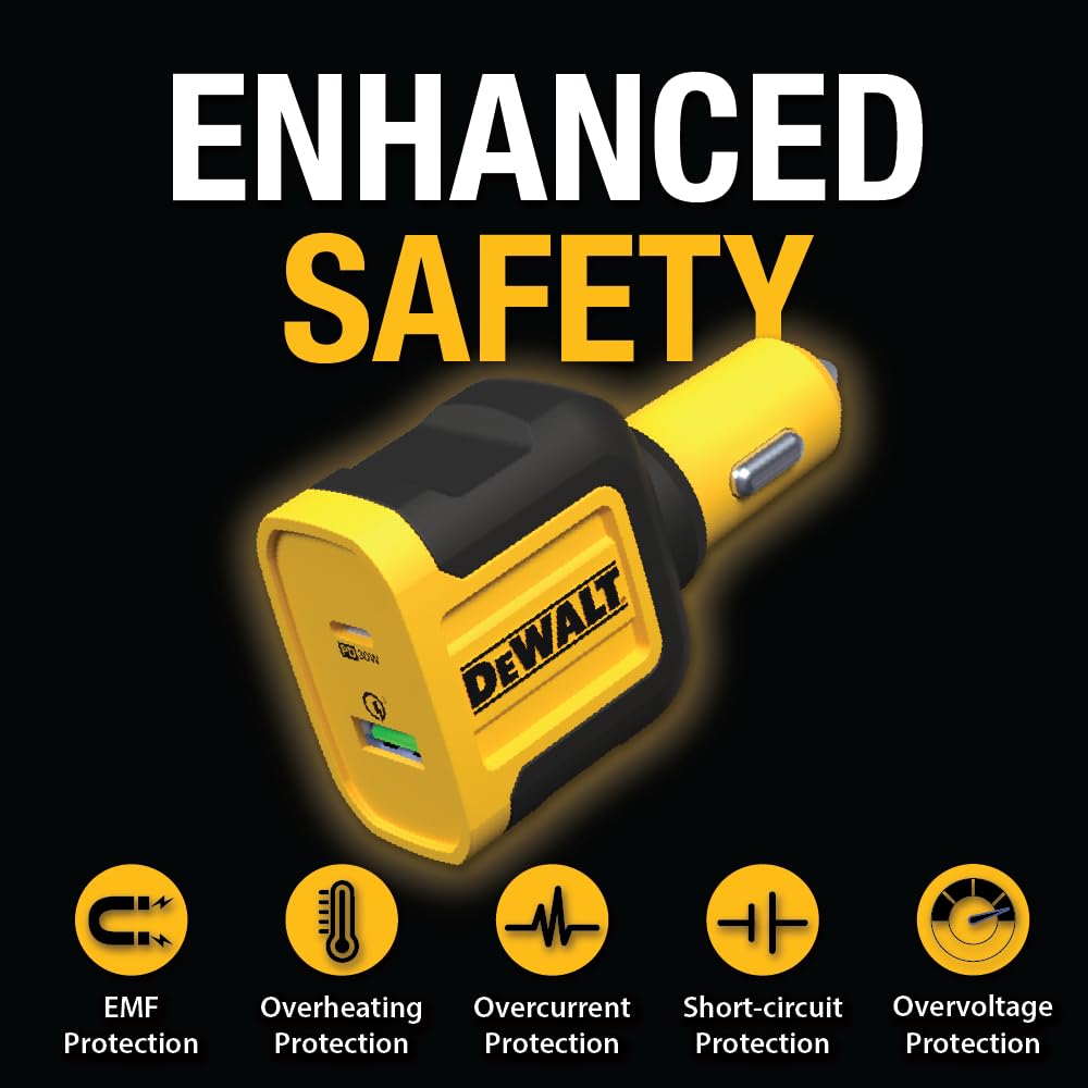 DEWALT Adattatore per caricabatterie da auto USB + USB C, caricatore USB per accendisigari da 49,5 W, caricabatterie da auto PPS 30 W Quick Charge 3.0 ricarica rapida per iPhone 15/15 Plus/15 Pro/15