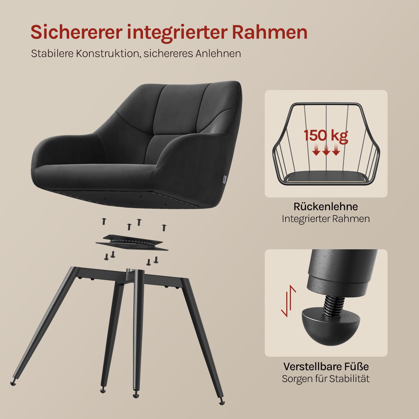 WOLTU Drehbare Esszimmerstühle 4er Set, Küchenstühle mit Armlehen | Bezug aus Samt, Metallbeine, für Wohnzimmer Küche Esszimmer, Schwarz