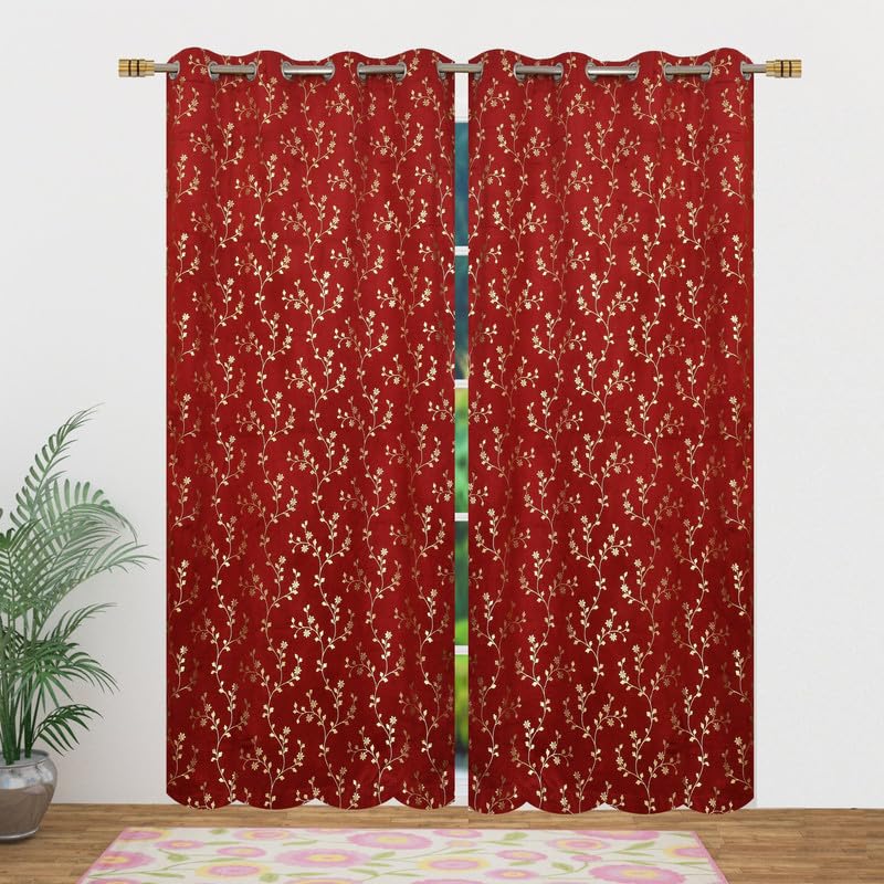 Image of Heavy Velvet Fabric Luxury Looks Room Darkening Floral Designer Curtains 10 Feet for Long Door, Maroon, Pack of 2 Pieces