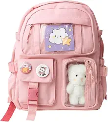 Mochila escolar Infantil e juvenil, Bolso Frontal, Alças Acolchoadas, grande capacidade, ursinho e broches, ideal para crianças de 6 a 13 anos