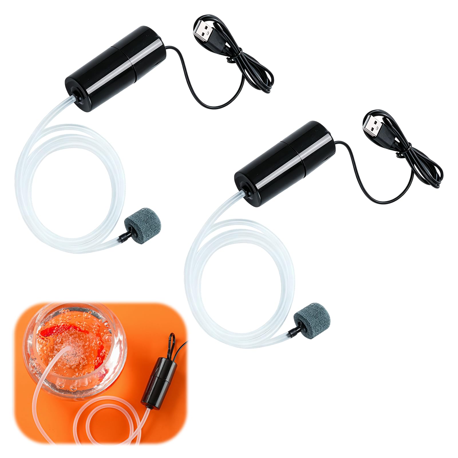 Aquarium Air Pump, Fish Tank Air Pump, Fish Tank Bubbler, 2PCS Mini USB Oxygen Pump with Air Stone and Silicone Tube, Portable for Aquariums, Outdoor Fishing, Hydroponics, Desktop Maintenance