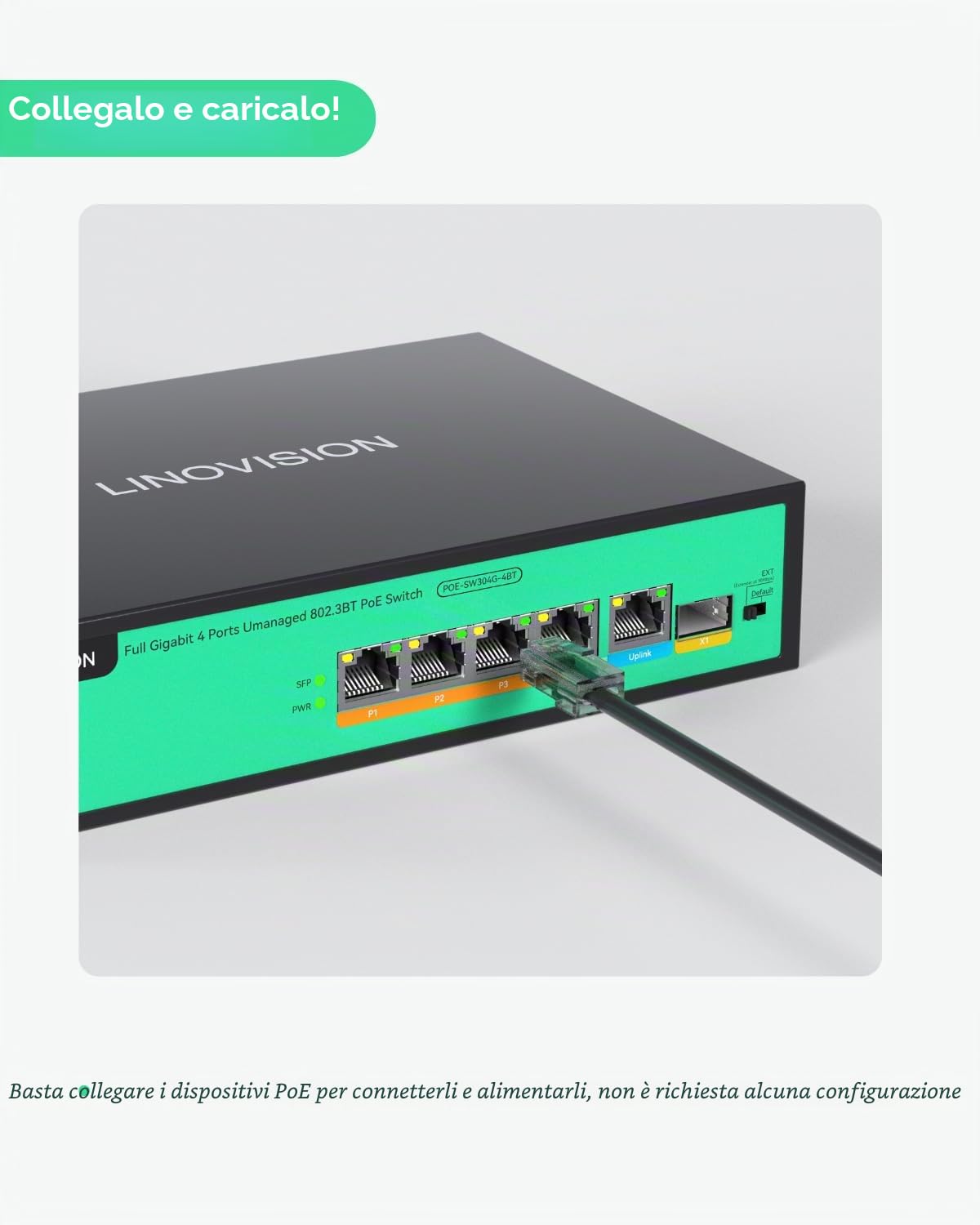 LINOVISION Switch Poe a 4 Porte Full Gigabit Poe, 4* Porte BT 90W, 1* GE e 1* Gigabit SFP Uplink, IEEE 802.3 AF/at/BT, Power Budget Totale 96W, 250m Long Distance