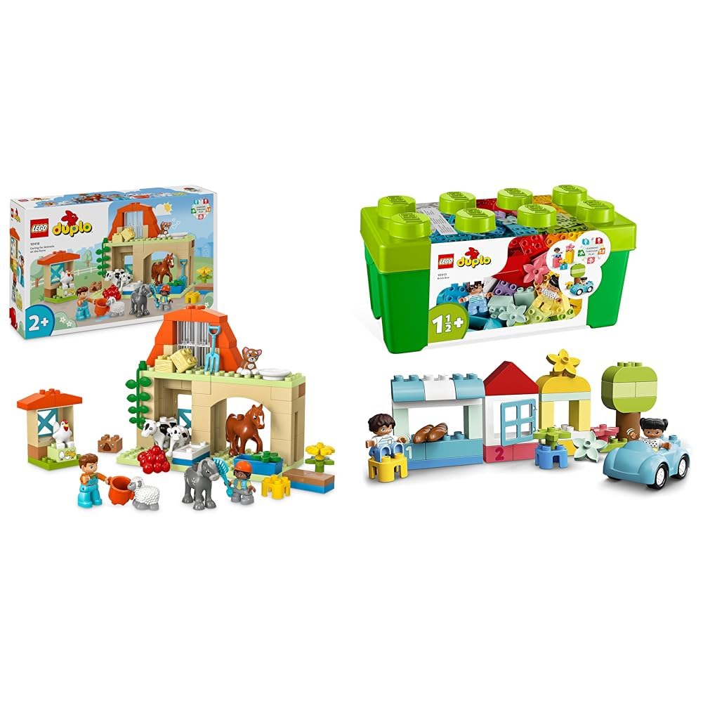 LEGO DUPLO Cura degli Animali di Fattoria Giocattolo, Gioco di Ruolo Educativo & DUPLO Classic Contenitore di Mattoncini, Giochi Educativi per Bambini e Bambine Creativi