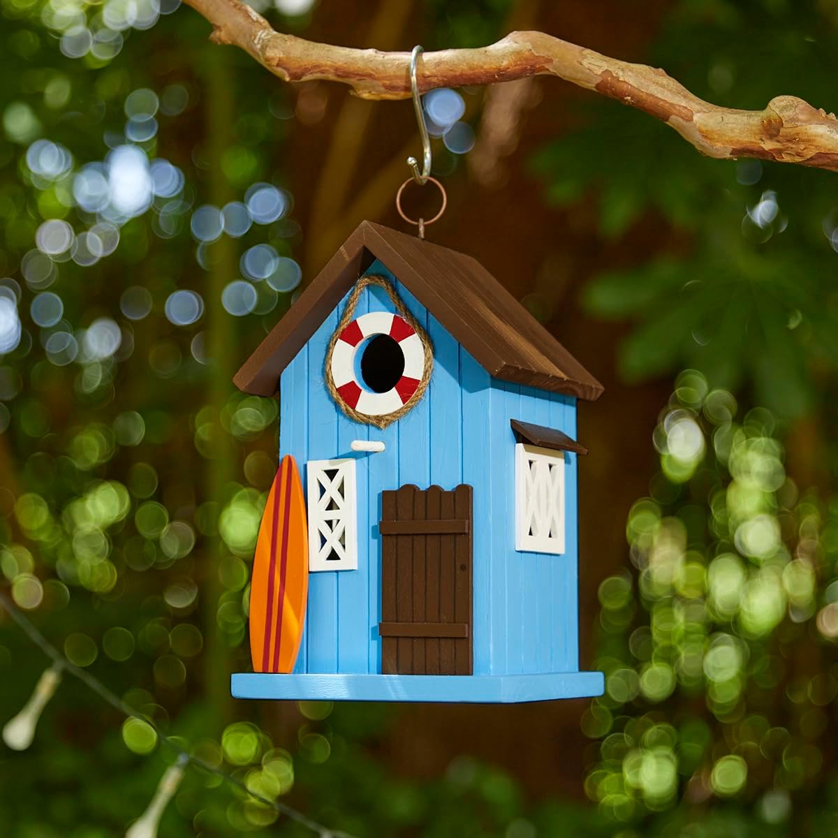 Glitzhome Bird Houses for Outside,10" H Modern Solid Wood Hand Painted Hanging Bird House Beach Hut Decorative Pet Cottage Outdoor Garden Birdhouse for Finch Bluebird Cardinals,Blue