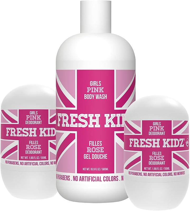Fresh Kidz Girls Pink: Sabonete líquido corporal 500 mL e 2 desodorantes roll-on 55 mL