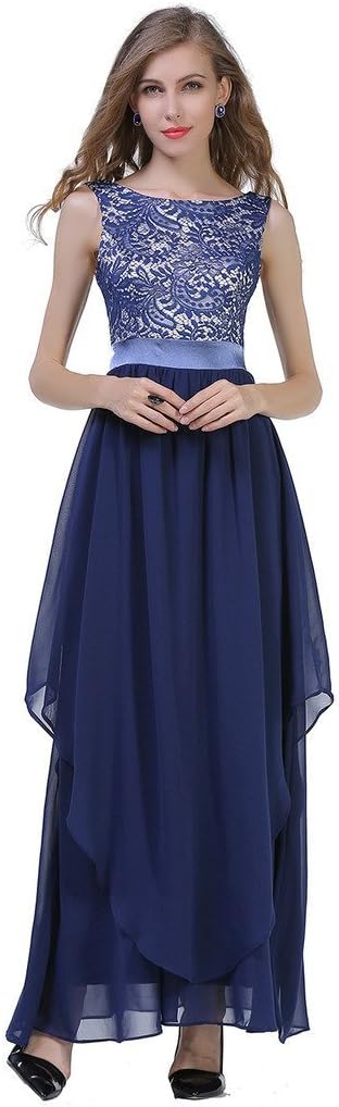 CARVAIN Sleeveless Deep-V Back Lace Bridesmaid Prom Long Evening Dress(Navy Blue,S)