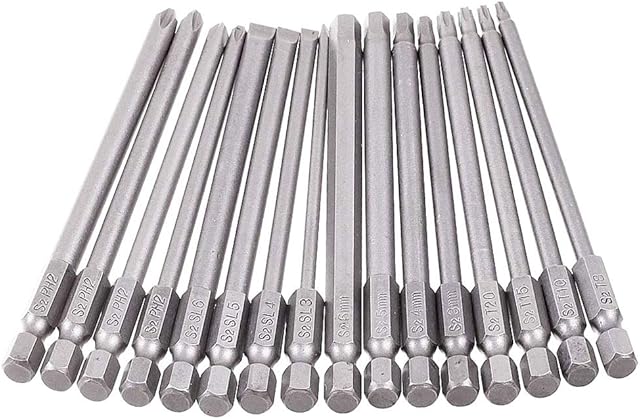 Gasea 16pcs 1/4" Hex Shank 100mm/ 4 Inch Long Magnetic Screwdriver Bits Set Including T8-T20 Security Torx Bits, H3-H6 Hex Head Bits, Cross Philips Bits and SL3-SL6 Flat Head Slotted Tip