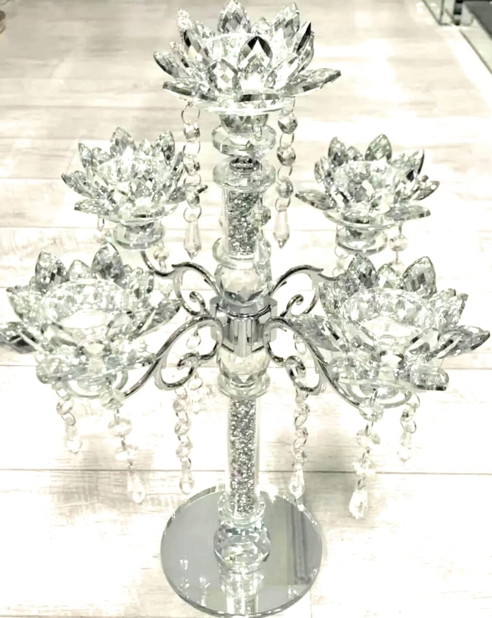 Crushed Diamond Candle Holder Crystal 5 Tier Lotus Silver