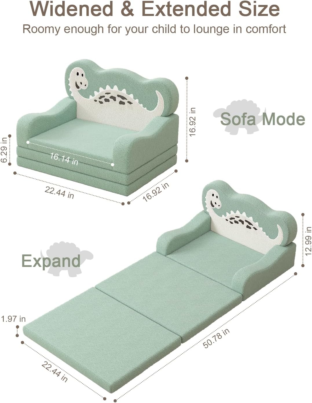 YACODAVO 2-in-1 Toddler Couch Fold Out, Foldable Kids Sofa, Kids Chairs Comfy, Gift for Boys, Gift for Birthday, Children's Day, Green Dinosaur