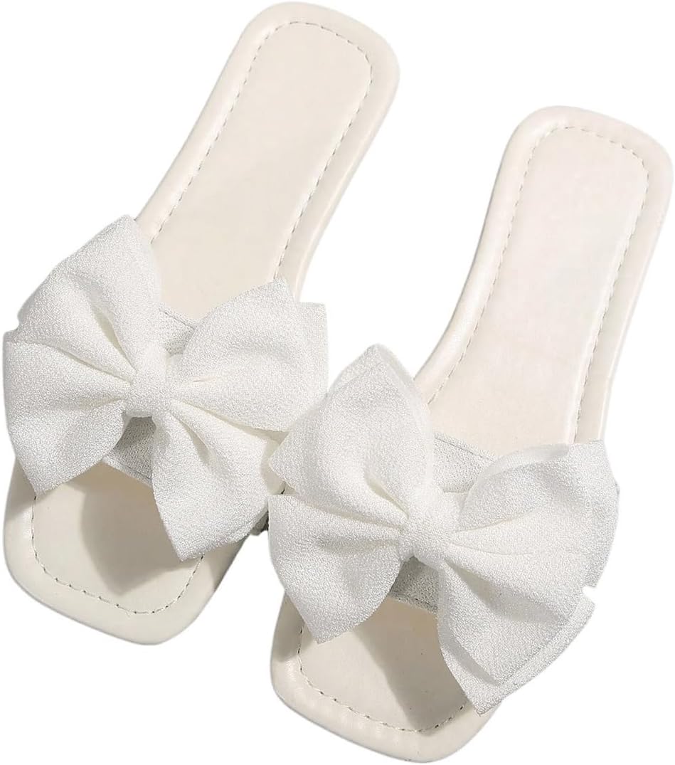 Women's Bow Knot Flat Sandals Square Open Toe Single Band Dressy Slip On Slide Sandals