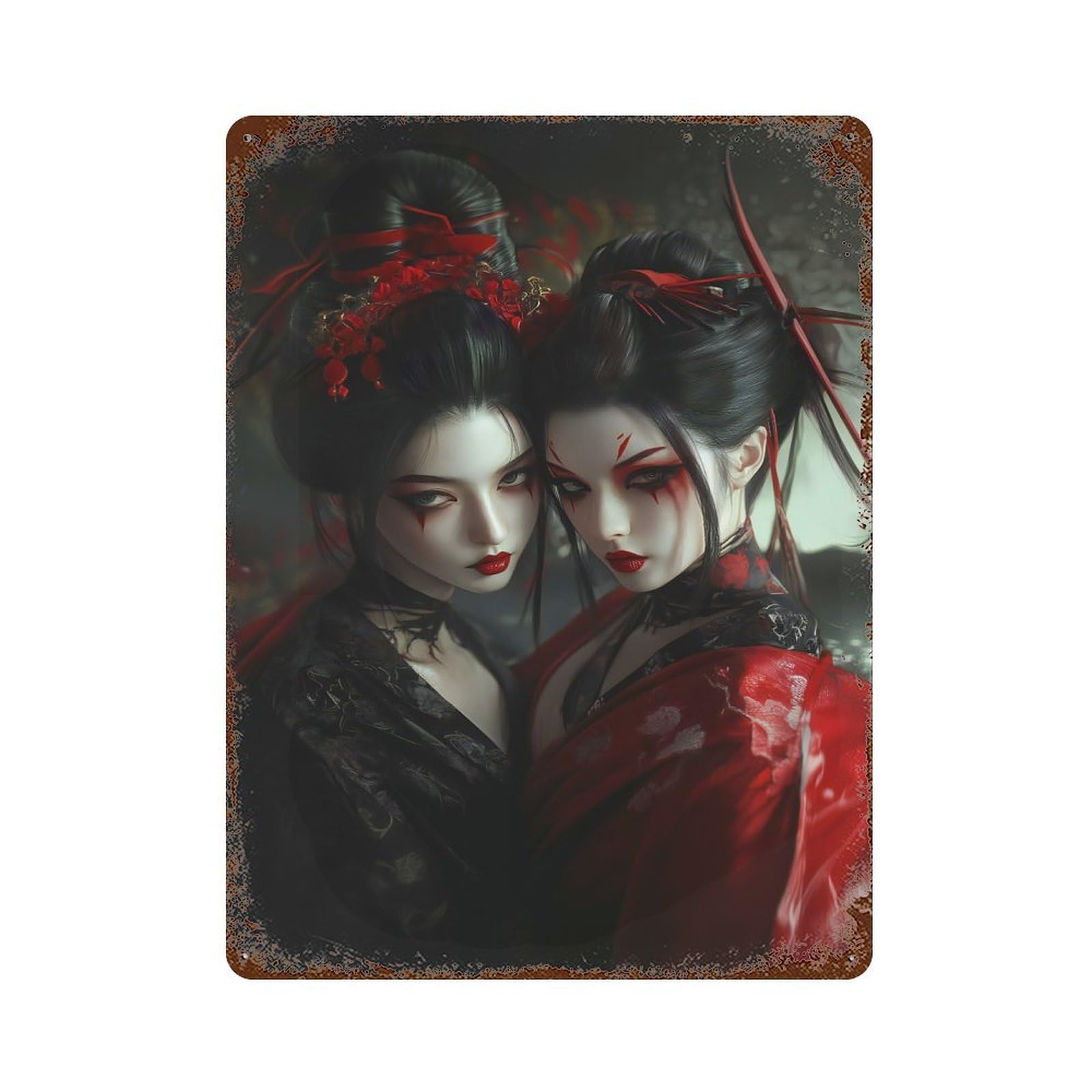 Geisha in Red And Black Japanese Cherry Blossom Rusty Metal Tin Sign 15.7"x11.8", Ideal for Shed, Workshop And Garage Wall Decor