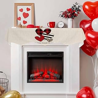 Fireplace Scarf Valentines Love Hearts on Burlap Mantel Scarf Fireplace Top Runner Mantle Scarves Cover, Lattice Stripe Leopard Sweetheart Fireplace Mantle Table Runner for Party Holiday Home Decor