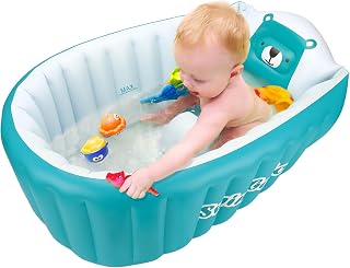 SHXKUAN Inflatable Toddler Bath Tub - Non-Slip Safety Seat, Portable Baby Bath Pool for 0-5 Years, Travel Friendly (Blue)