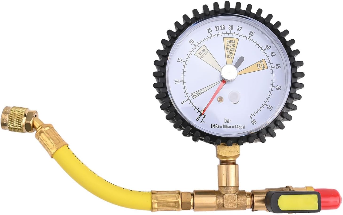 Air Conditioning Nitrogen Pressure Test Gauge with Ball Valve, 1/4 Inch SAE Interface, -1 to 60 Bar Range for R134a R22 R407C R410A Refrigerant Leak Detection and Pipeline Cleaning