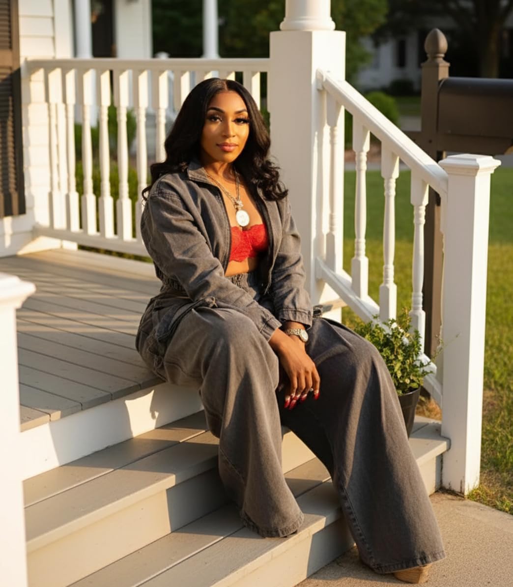 Angsuttc Womens Two Piece Sets Denim Outfit Ruched Long Sleeve Zip Up Cropped Jean Jacket Wide Leg Pants Chic Set - Image 5