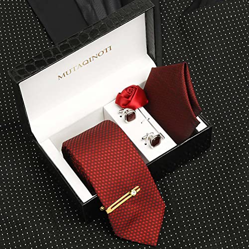 Image of MUTAQINOTI Mens Woven Premium Silk Necktie Suit Accessories Set With Pocket Square Cufflinks Brooch Golden Tie Pin (TEGP2)