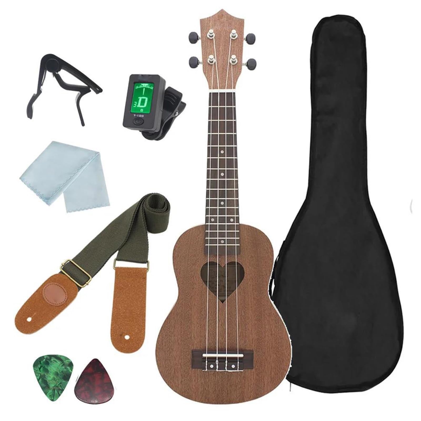 Ukulele Instrumenty Muzyczne Gitara Elektryczna Dla Początkujących I Dorosłych 21 Cali Profesjonalna 4 Strunowa Z Futerałem Tunerem Paskiem Kapodastrem Kostkami Akcesoriami(Type1)