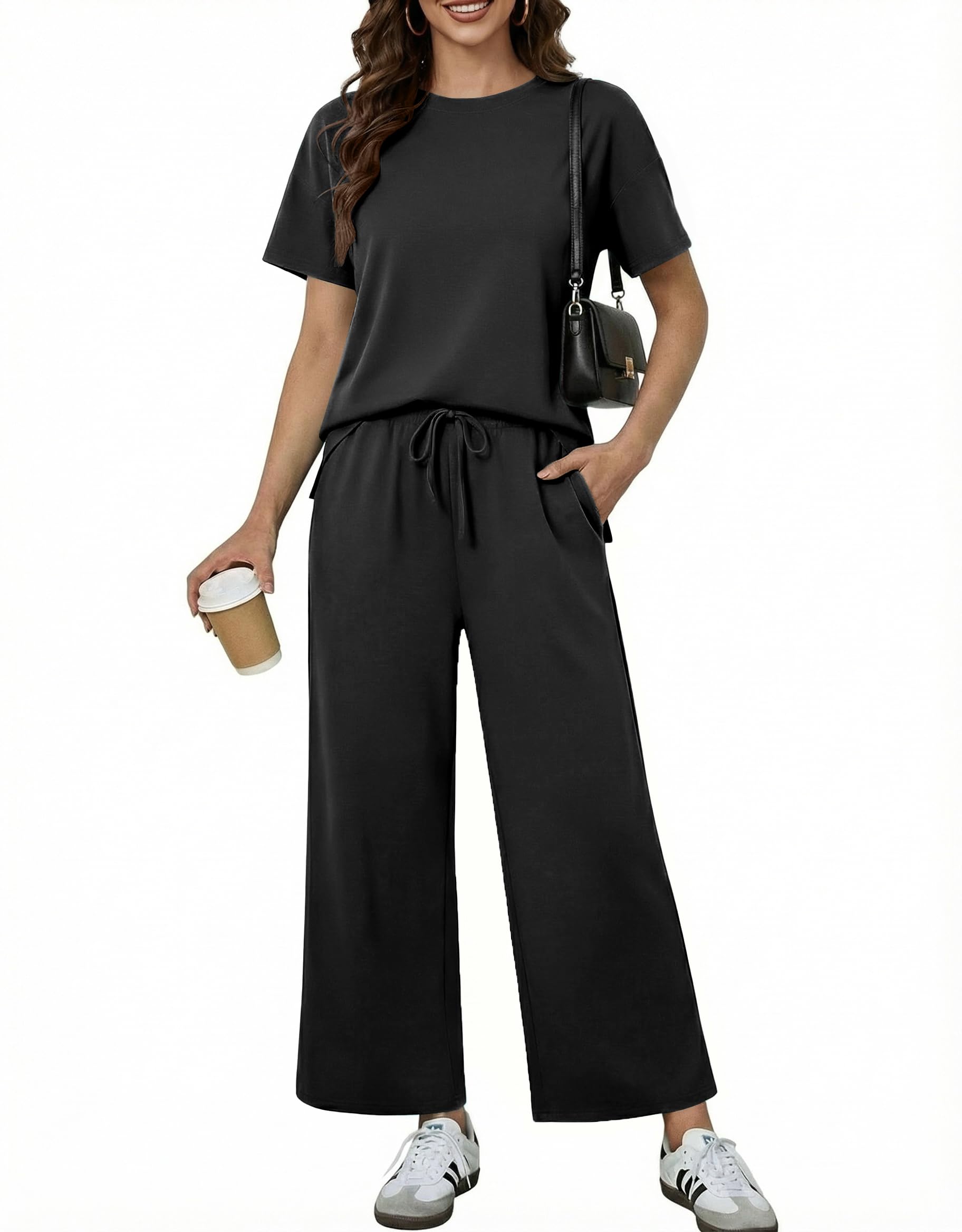 PINSPARK Soft 2 Piece Sets for Women Short Sleeve Matching Lounge Set Wide Leg Pants Tracksuit Travel Summer Outfits 2026
