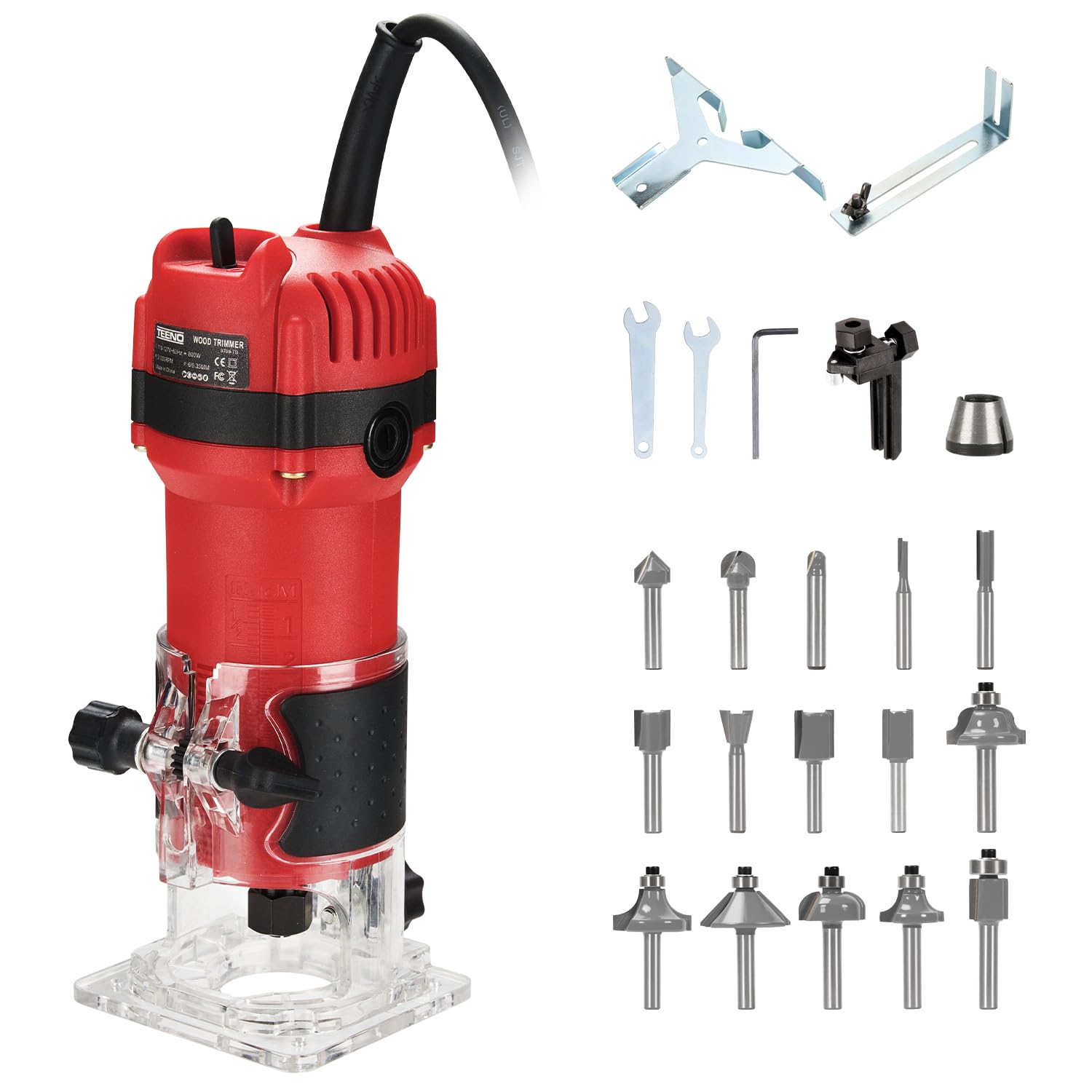TEENO Wood Router, 6.5Amp 1.25HP Wood Routers for Woodworking, 800W Hand Wood Router Tool, 31000R/MIN Compact Edge Trimmer with 15 1/4" Router Bit Set