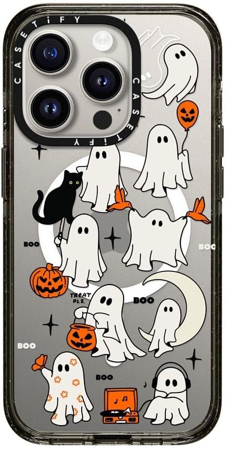 CASETiFY Impact iPhone 15 Pro Case [4X Military Grade Drop Tested / 8.2ft Drop Protection/Compatible with Magsafe] - Halloween Prints - Boo Things - Clear Black