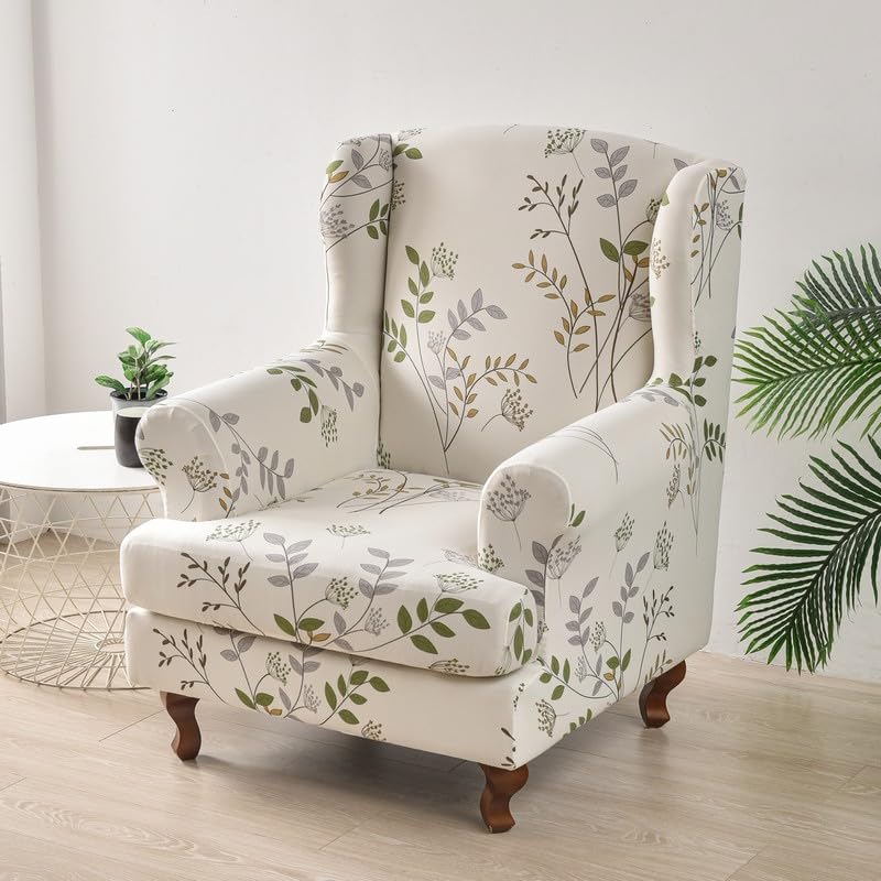 Highdi Wingback Chair Covers Stretch Wing Chair Slipcover 2 Piece, Spring Flowers Printing Sofa Cover Furniture Protector for Strandmon Armchair Chairs Living Room Hotel Bedroom (Leaf)