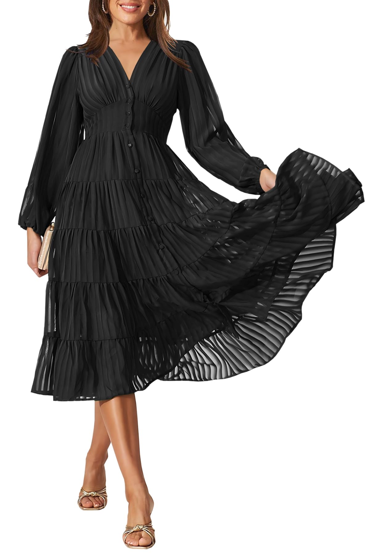 Ferlema Women's Elegant Long Sleeve Midi Dress 