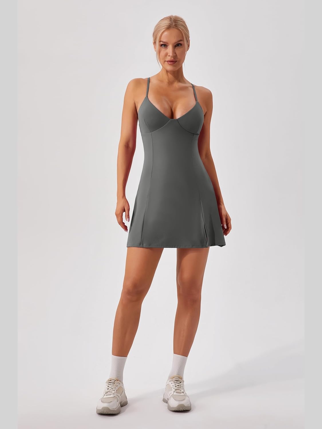 ABOCIW Womens V Neck Spaghetti Strap Tennis Dress with Shorts Workout Side Slit Active Golf Dresses