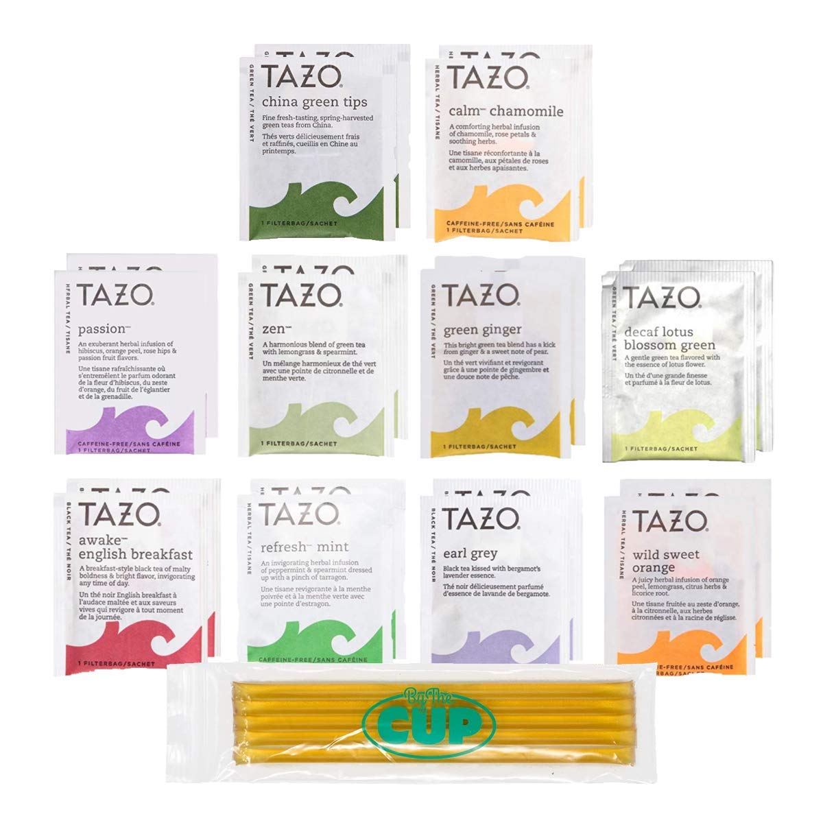 By The Cup Tazo Tea Bags Sampler Variety Gift Box with By The Cup Honey Sticks, 10 Different Flavors, 20 Count : Grocery & Gourmet Food