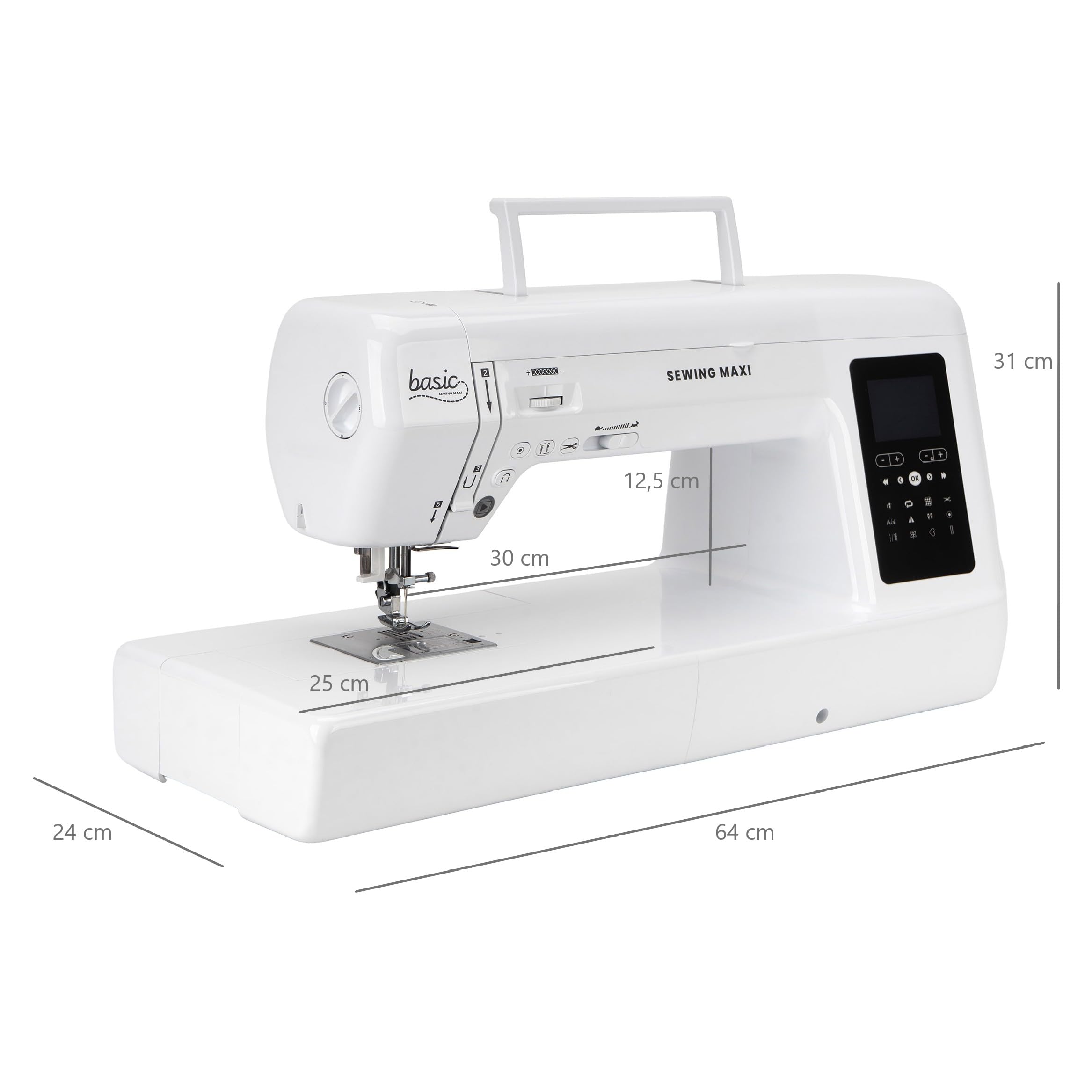 Nähwelt Flach Basic Sewing Maxi Computer-Nähmaschine – Langarm Nähmaschine mit 30 cm Durchlass, 200 Stichen, LCD-Display & Kniehebel, 1000 Stiche/Min