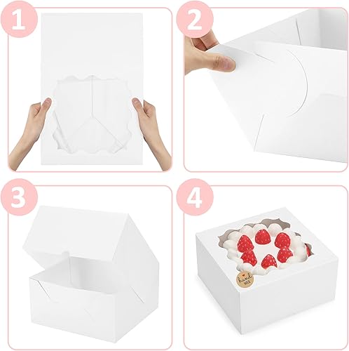 Miniatura 3 de Eupako Cajas para tartas autoemergentes de 10 x 10 x 5 pulgadas con ventana, 24 cajas de panadería blancas de plegado rápido, caja de regalo fácil