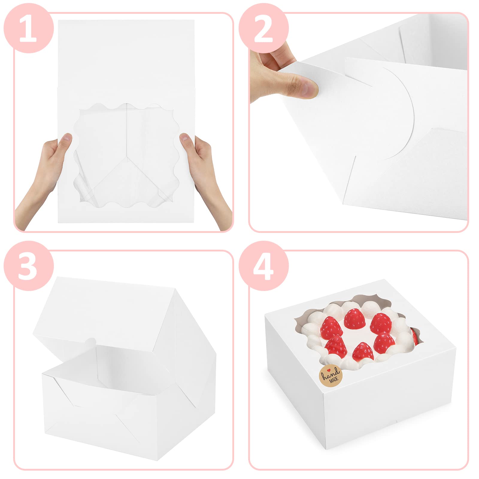 Eupako Cajas para tartas de 10 x 10 x 5 pulgadas con ventana, 24 cajas de panadería blancas de plegado rápido, caja de regalo fácil de montar para pasteles, galletas, pasteles, chocolates, fiestas