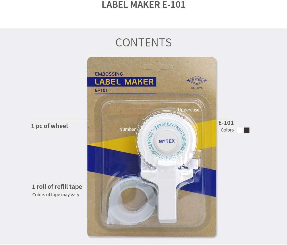 Motex Embossing Label Maker, Labeling Tool, Old School Label Maker, for Manual Label Embossing- E-101 (2 Wheels, Black)