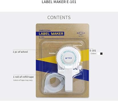 Motex Embossing Label Maker, Labeling Tool, Old School Label Maker, for Manual Label Embossing- E-101 (1 Wheel, White)