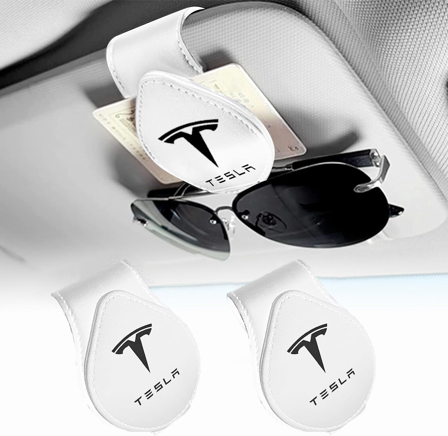2 Pack Sunglasses Holder Compatible with Tesla Model 3 Y X S Semi Cybertruck Leather Magnetic Glasses Mount Holder Eyeglasses Sunglasses Clip Visor Sunglass Holder Accessories (White)