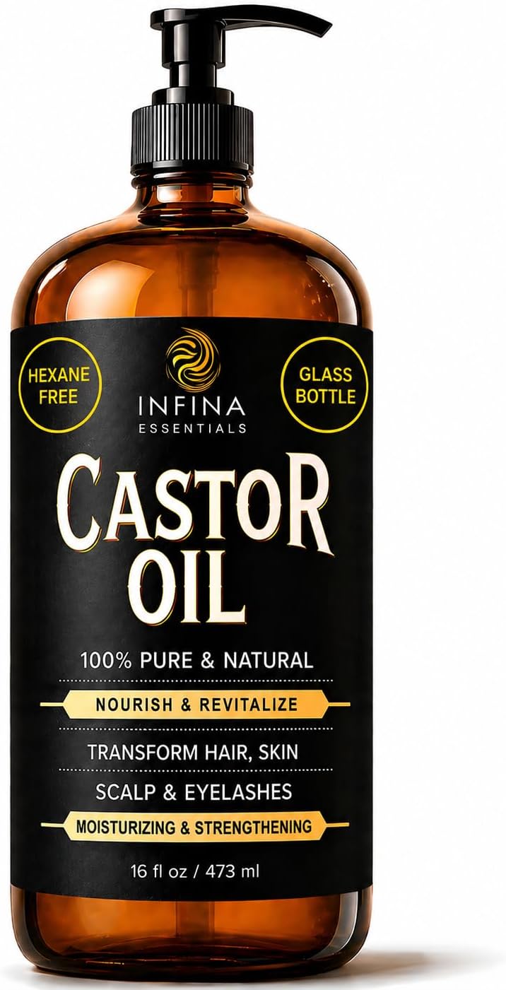 - INFINA ESSENTIALS Pure Cold Pressed Castor Oil - Hexane Free, Glass Bottle for Hair Growth, Face, Scalp, Skin & Eyelashes - Nourishing and Moisturizing - 16 fl oz