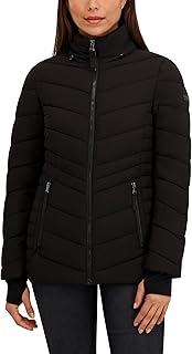 Sponsored Ad - HFX womens Mid-weight Puffer Jacket – Stretch Fabric Winter Coat, Faux Fur Hood Lining, Thumbhole Cuffs
